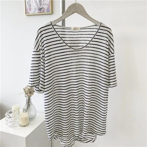 Baumwolle V-Ausschnitt gestreift Baumwolle Kurzarm T-Shirt Damen hellblau weit Top - Bild 1 von 13