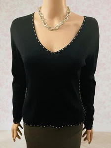 Vintage 90s Black Knit Blouse Embroidery Long Sleeve Tessori Italy Minimalist M - Picture 1 of 8