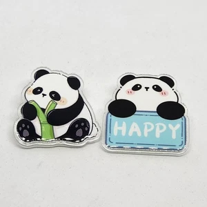 Panda Set Of 2 Bamboo Acrylic Clear Tone Backing Lapel Backpack Hat Brooch OPT 3 - Picture 1 of 2
