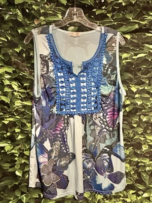 Camiseta sin mangas ONE WORLD Butterfly azul embellecido para mujer XL Foto 1 de 4