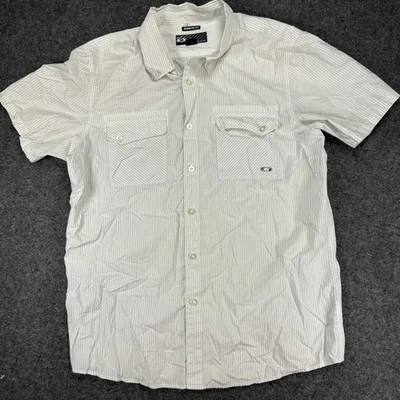 Oakley Mens L White Striped Short Sleeve Button Up Shirt Regular Fit Pockets - Image 1 of 4