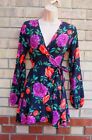 MISSGUIDED BLACK MULTI COLOUR FLORAL PUFF LONG SLEEVE WRAP BELTED A LINE DRESS 4