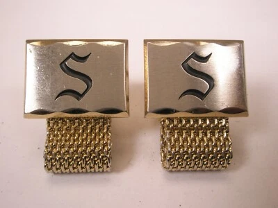 S Monogram Initial Letter Wraparound Watchband Vintage Mesh HICKOK Cuff Links - Image 1 of 4