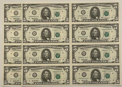 1995 $5 88880044 Matching HD HE Blocks Prosperity Sheets Lucky Money - Image 1 of 4