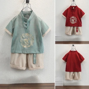 2pcs Kids Boys Outfit Top Shorts Set Short Sleeve Dragon Pattern Ethnic Retro - Picture 1 of 14