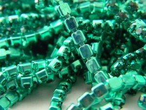 Green AB Rhinestone Cup Chain, Dark Green Rhinestone in Green Setting, 3mm Chain - Picture 1 of 5