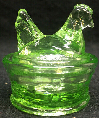 Green Vaseline Uranium Glass Hen Chicken On Nest Basket Eggs Salt Cellar Rooster • 12.51€
