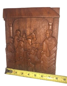 Vintage Nativity Wooden Plaque Hand Carved Free Standing Sculpture Gorgeous - Picture 1 of 7