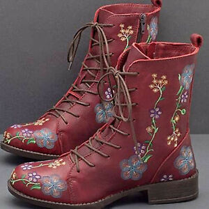 Womens Chunky Low Heel Combat Boots Retro Floral Ankle Boots Lace Up Shoes Size