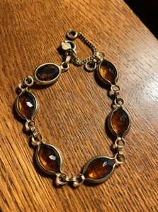 Sarah Coventry Bracelet Linked Gold Tone Amber Glass Oval Open Bezel 7.5" VTG - Picture 1 of 2