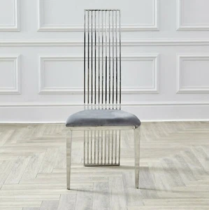 Sillas de comedor únicas extra altas de 115 cm de lujo cromadas listones con asiento de terciopelo gris - Imagen 1 de 6