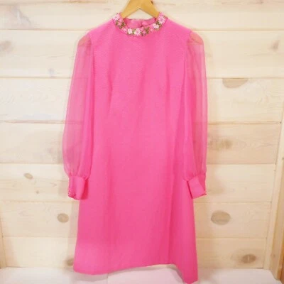 Vestido rosa vintage años 70 hecho a mano mangas largas transparentes cuello floral XS busto 33" Foto 1 de 4