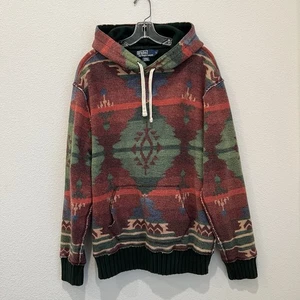 Rare VTG POLO RALPH LAUREN Aztec Pattern Fleece Pullover Hoodie Sweatshirt 90s L - Picture 1 of 17