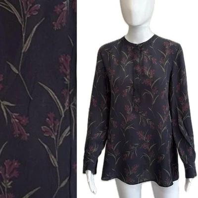 Blusa túnica Theory 100 % seda para mujer talla M negra floral manga larga 1/2 tapeta Foto 1 de 4