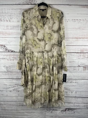 Lafayette 148 New York Dress Womens 12 Beige Silk Floral Belted Long Sleeve - Image 1 of 4