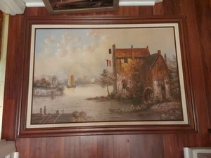 Großes niederländisches Original Ölgemälde See Haus Boote Windmühle Landschaft 42" x 30" - Bild 1 von 9