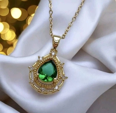 Filigrane Kette  "Oval"Geometrisch Goldfarben/Grün Strass Modeschmuck M8 - Bild 1 von 3