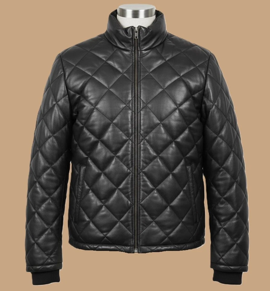 Men's Black Puffer Jacket Genuine Leather Lambskin Quilted Down Puffer Jacket - Image 1 of 4
