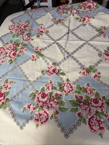Mantel Vintage Años 40/50 - Rosa Rojo Y Azul Estampado Floral 48x 48 - Imagen 1 de 5