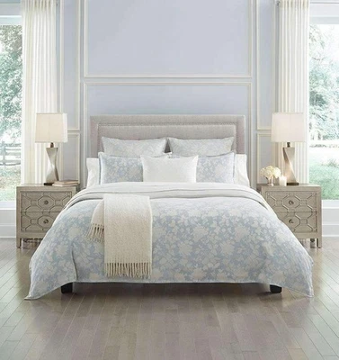 Sferra Nalia Blue Queen Duvet  Ivory Flowers Cotton Sateen Jacquard Italy NEW - Image 1 of 4