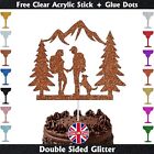 Hiking Wedding Glitter Cake Topper with Dog Outdoor Mountains Tree Groom & Bride