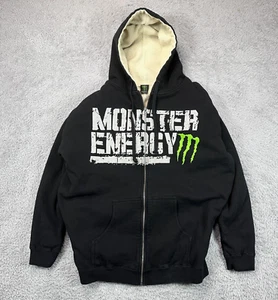 Monster Energy Y2K Full Zip Hoodie Sweatshirt Men XL Black Vintage Sherpa Lined - Picture 1 of 9