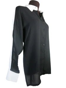 Top Bella Pelle Negro Delantero Blanco Cuello Trasero Manga Larga Estrás Abotonado Pequeño - Imagen 1 de 12