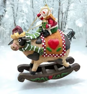Snowman on Rocking Cow Christmas Tree Ornament Rodeo Humor Farm Rustic - Picture 1 of 9