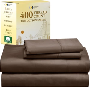 Brown Full Size Sheet Set, 400 Thread Count 100% Cotton Sateen, Soft & Breathabl - Picture 1 of 9