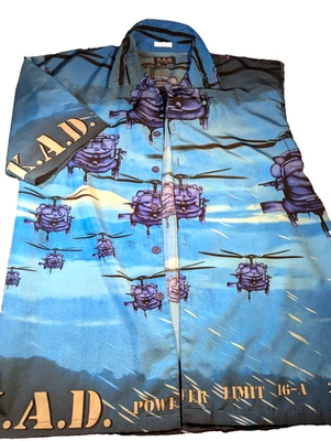 K.A.D. Men's Graphic Button-Down Shirt XL Vintage Hip-Hop Blue Helicopter Sleek - Image 1 of 4