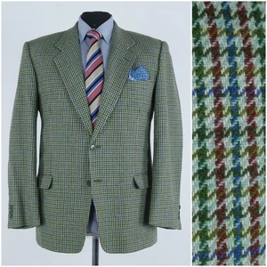 Mens Houndstooth Twed Jacket 44R UK Size Vintage Green Wool Sport Coat Blazer - Picture 1 of 12