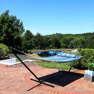 2-Person Quilted Fabric Hammock with Steel Stand - Misty Beach by Sunnydaze - Picture 1 of 7