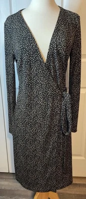 Vestido envolvente Ann Taylor negro tostado manga larga hasta la rodilla talla 8 animal mediano Foto 1 de 4