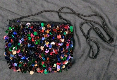 Винтажный разноцветный блестки и черный семя бусина маленький сумочки веревки ремень ручки - Изображение 1 из 4