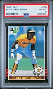 1985 Leaf RICKEY HENDERSON # 208 Graded PSA 8 NM-MT Mint HOF Centrato Donruss - Foto 1 di 2