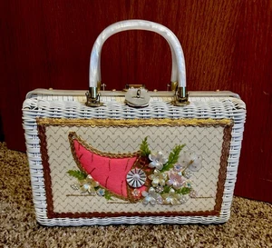 Scatola vintage anni '50 borsa principessa affascinante di Atlas Hollywood vimini manico lucite - Foto 1 di 15