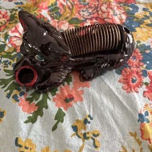 Seltene japanische antike schwarze Manekineko Katze Porzellan Figur Visitenkartenhalter - Bild 1 von 3
