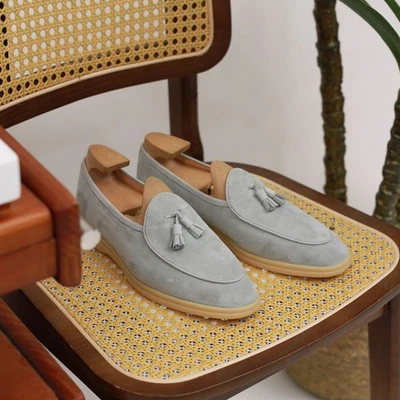 Mocassim de negócios britânico retrô masculino couro real camurça casual borlas sapatos baixos - Imagem 1 de 4