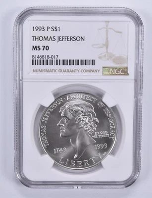 1993-P Thomas Jefferson Commemorative Dollar MS70 NGC Brown Label *6682 - Image 1 of 4