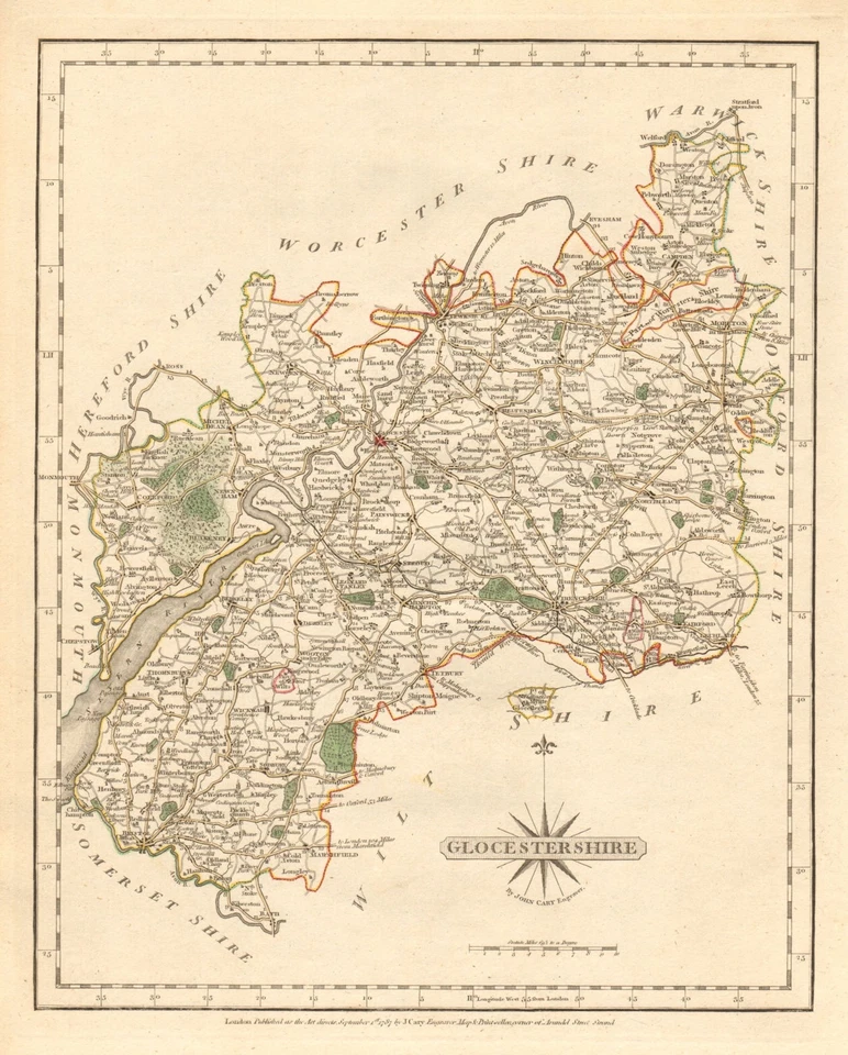 Antique county map of GLOUCESTERSHIRE by JOHN CARY. Original outline colour 1787 - Image 1 of 1