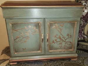 Veredelte Schmuckschatulle Truhe handbemalt Salbei Gold Bronze Vögel Zweig 14x12x8" - Bild 1 von 9