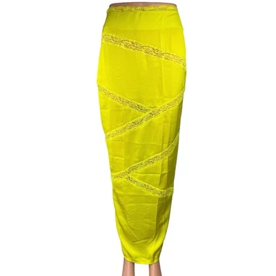 Maxi falda sin cordones lápiz recto ribete encaje satinado seda amarillo neón malla talla XXS Foto 1 de 4