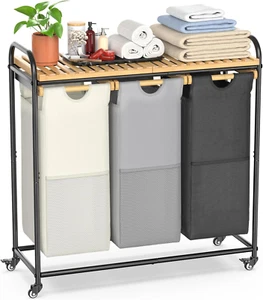 Laundry Hampers 3 Section, Laundry Sorter with Removable Shelf and Pull-Out Bags - Picture 1 of 12