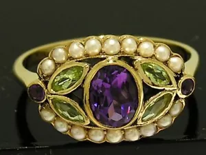 Anillo Racimo Sufragista Amatista, Peridoto y Perla Natural Oro 9K Genuino - Imagen 1 de 9