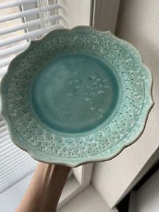 Aqua Teal | Embossed Handmade Pottery SERVING PLATE | Makers Mark - Picture 1 of 8