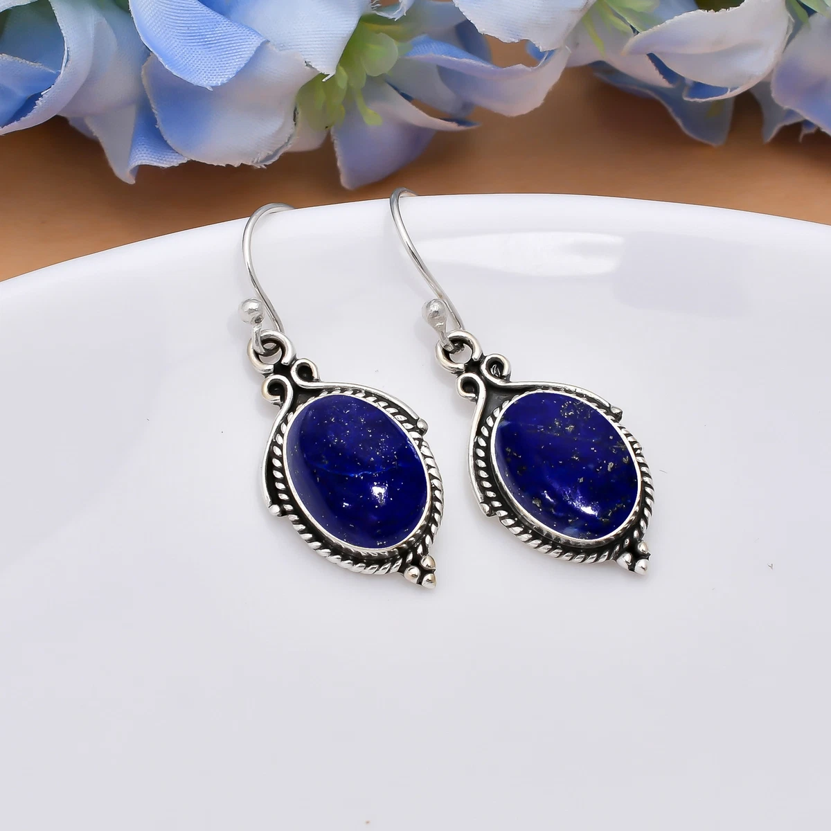 Pendientes Colgantes De Plata 925 Con Lapislázuli Azul - Estilo Bali, Cierre Palanca, Regalo Para Mujer