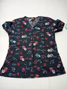Dickies Women Scrub Top Medium Gray Owl be seeing you Graphic Pockets V Neck - Picture 1 of 5