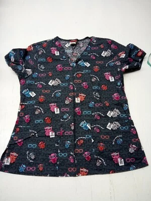 Dickies Women Scrub Top Medium Gray Owl be seeing you Graphic Pockets V Neck - Image 1 of 4