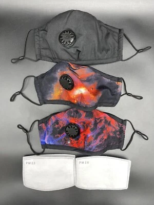 3 Pk Reusable Cloth Face Mask w/ Air Valve & 17 Carbon Filters - Image 1 of 2