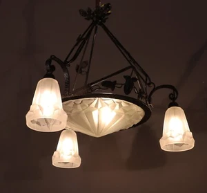Antique French Art Deco Chandelier with Frosted Glass and Iron Signed by Degué - Picture 1 of 12